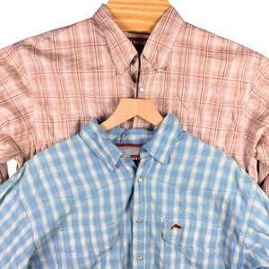 Lot of 2 Simms Fishing Shirt Men L Blue Tan Plaid Western Pearl Snap Vented Back